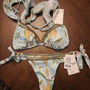 Lateen Paradise Tropical Print Bikini Set in Light Aqua Nwts Medium